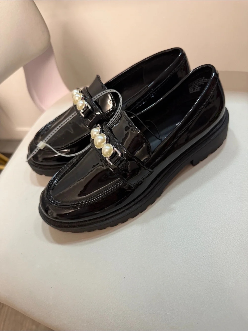 Marc Fisher Black Patent Loafers with Pearl Accent